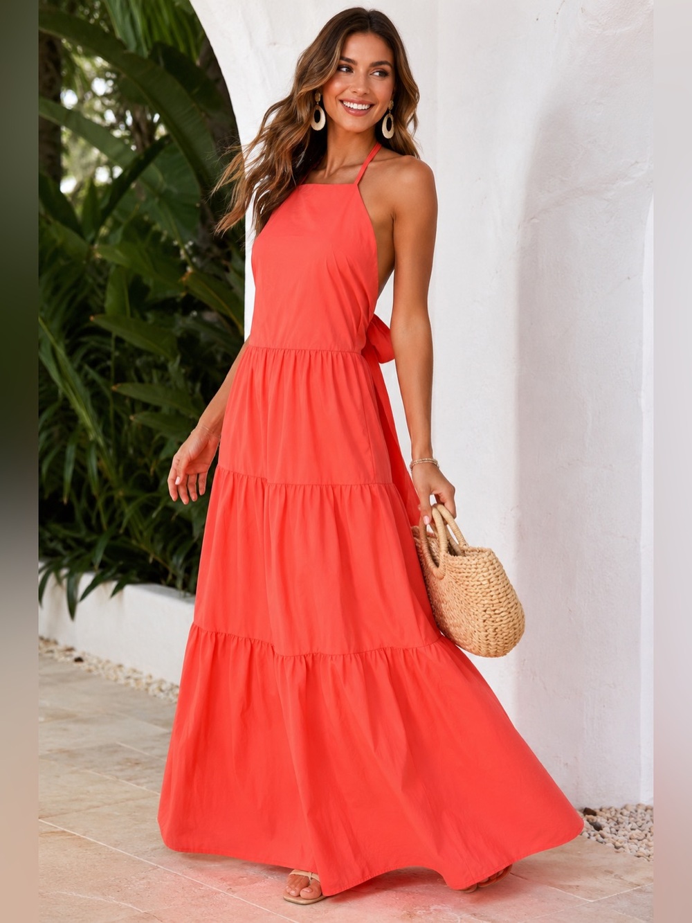 GAP Neon Coral Halter Open Back Tiered Maxi Dress NWT Size 14 Summer